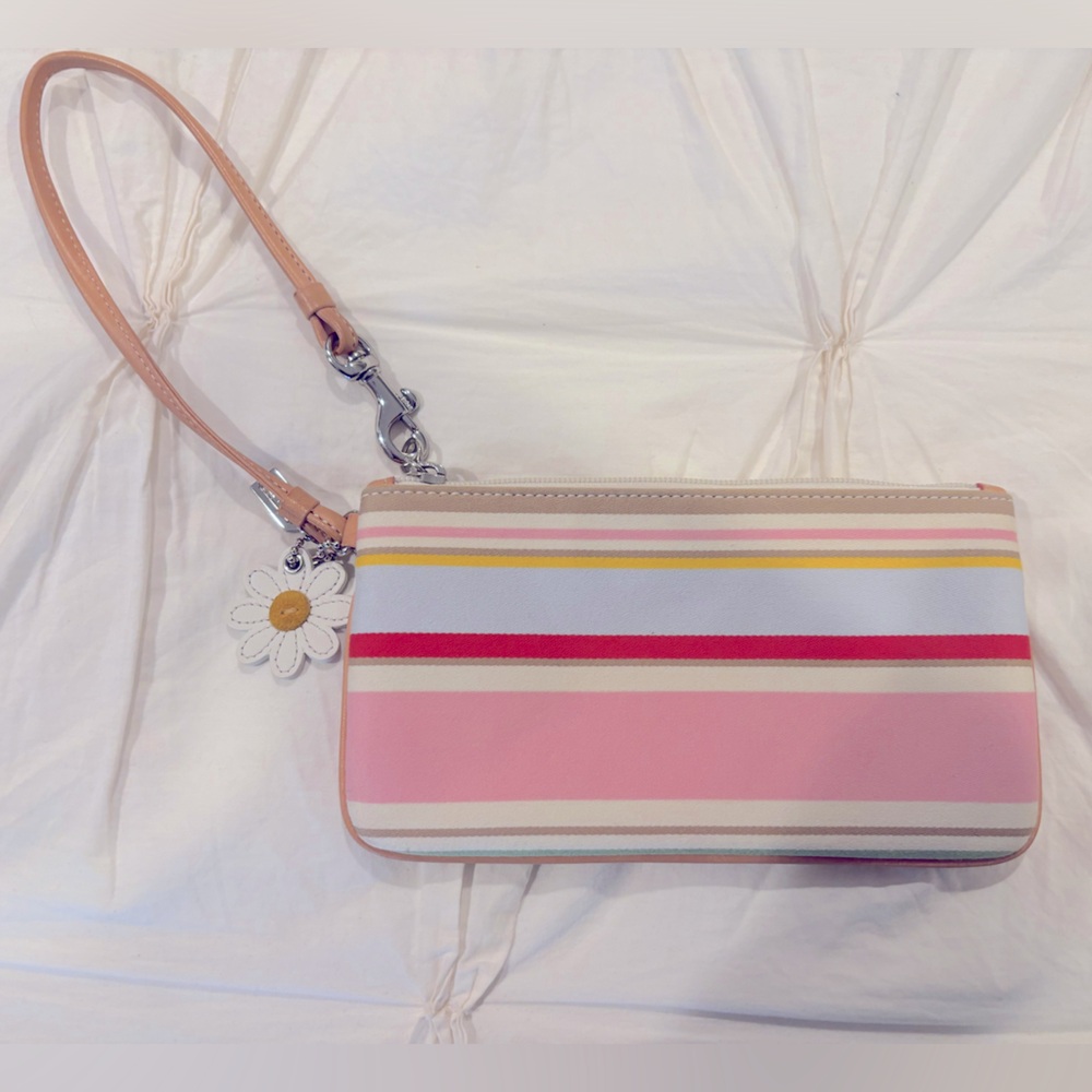 Coach Like New Multi Stripe Canvas Wristlet with Daisy Patch and Red lining